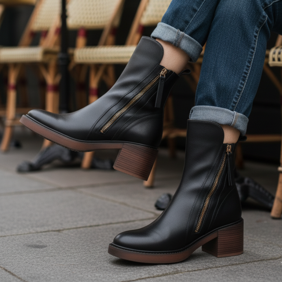 Beatrice | Black leather boot with a comfortable heel, elegant and timeless.