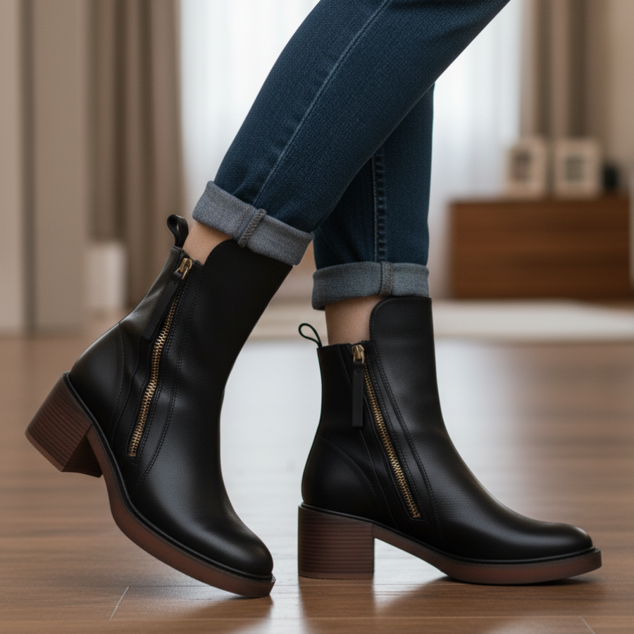 Beatrice | Black leather boot with a comfortable heel, elegant and timeless.