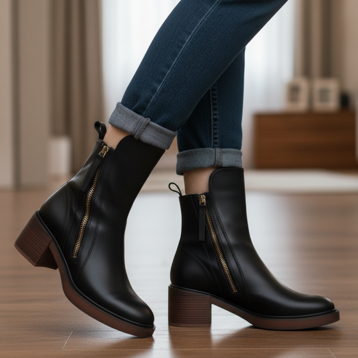 Beatrice | Black leather boot with a comfortable heel, elegant and timeless.