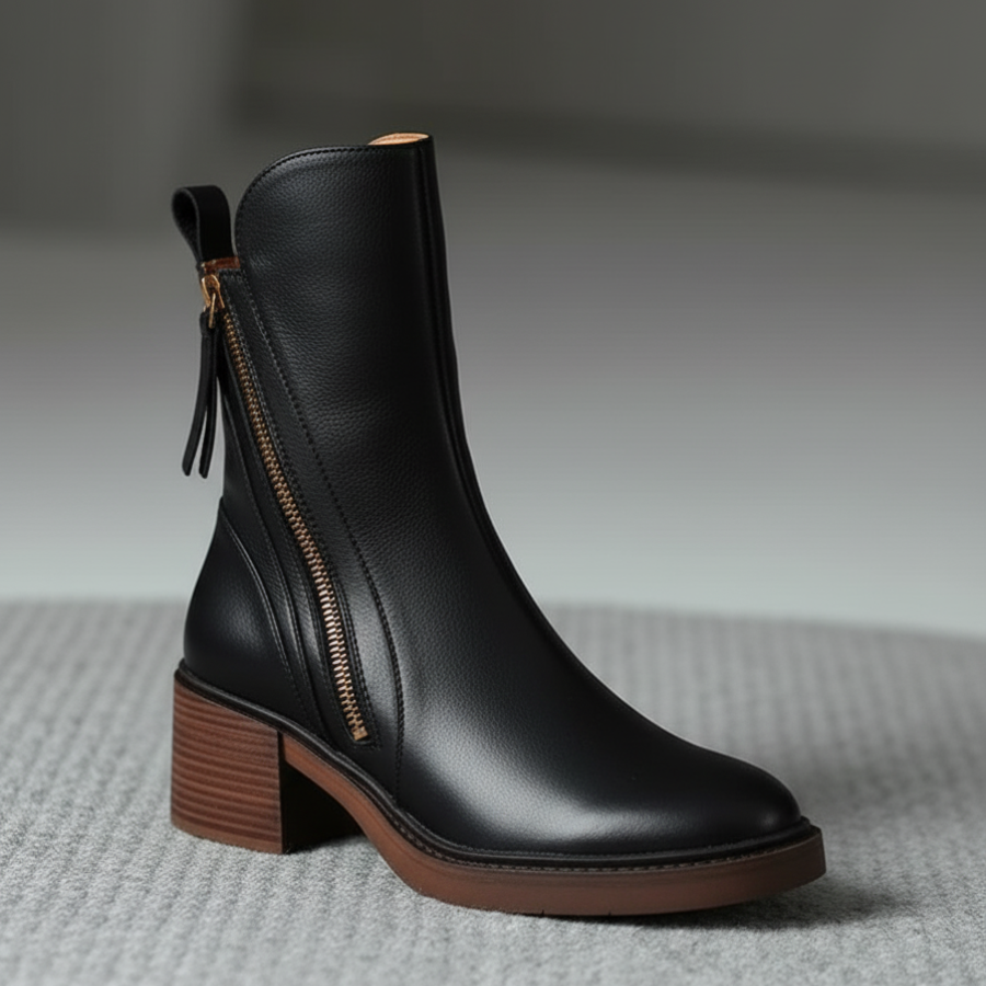 Beatrice | Black leather boot with a comfortable heel, elegant and timeless.