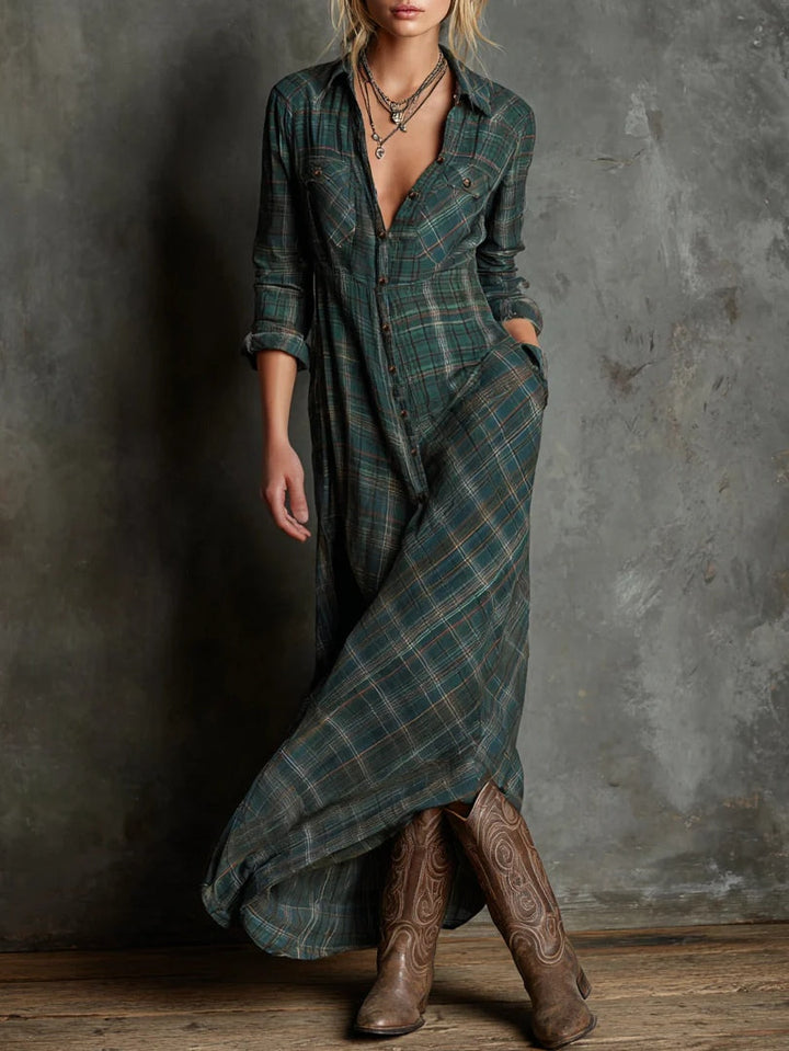 Lily | Long dress with green checked lapels